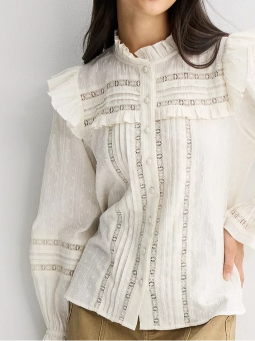 Women's Cream Ruffled Lace-Trim Button Down Blouse